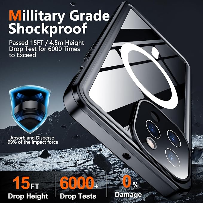 SPIDERCASE Magnetic for iPhone 13 Pro Max Case Waterproof,Built-in Screen & Camera Lens Protector[IP68 Underwater] [Military Grade Shockproof] Full Body Protection Phone Case,Blue/Clear