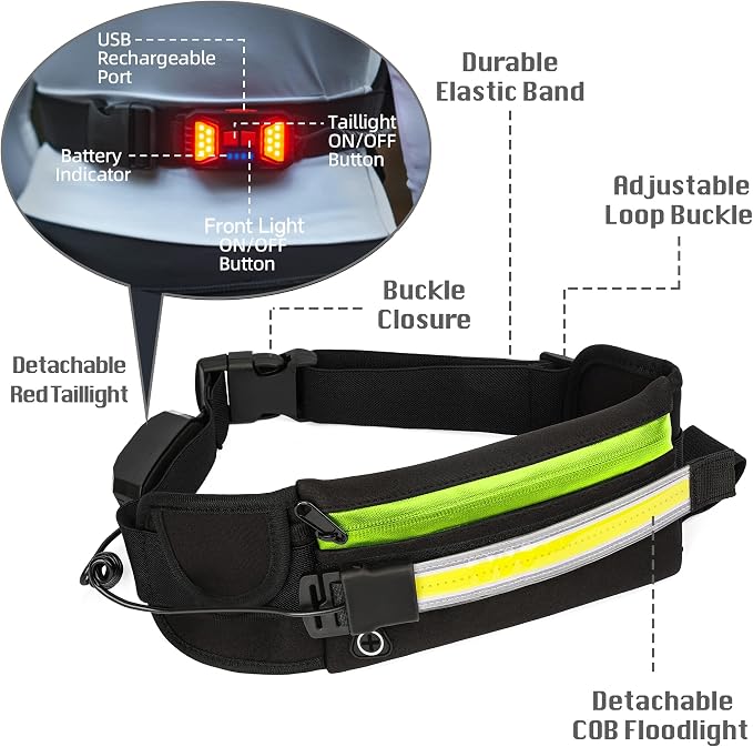 Hopedone Running Light, 230°Wide-Angle 1000Lumens Night Waliking Light on Running Waist Belt Rechargeable Runners Safety Lights with Adjustable Large Pocket Fanny Packet for Runners Jogging (Black)