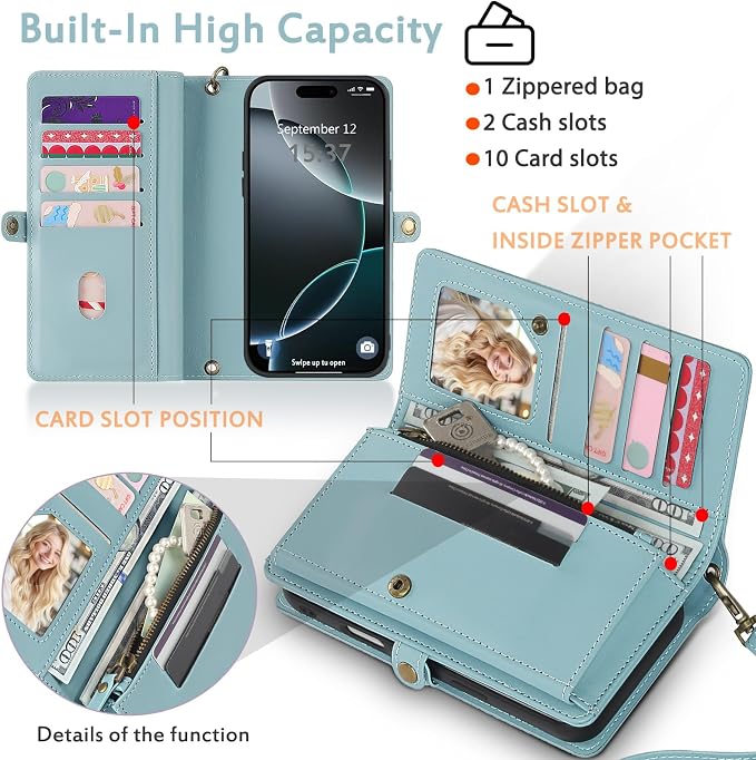 for Wallet Case Compatible with iPhone 16 Pro Max,Multi-Function Detachable 2 in 1 Magnetic iPhone 16 Pro Max Case Wallet,Flip Strap Zipper Card Holder Phone Case with Shoulder Straps (Blue)
