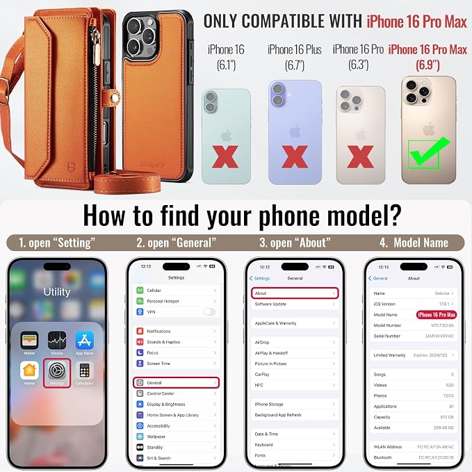 Strapurs for iPhone 16 Pro Max Detachable Wallet Case Compatible with Magsafe, RFID Blocking 9-Card Holder Zipper Strap Lanyard PU Leather Magnetic Phone Case for iPhone 16 Pro Max 6.9", Orange