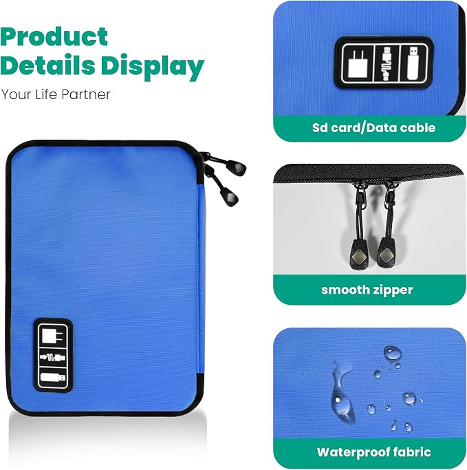 Cord Organizer Travel, Electronics Organizer Tech Pouch - Portable Cable Organizer Bag for Cords, Charger, Phone, SD Card, Power Bank for Travel & Daily Use -Royal Blue Green
