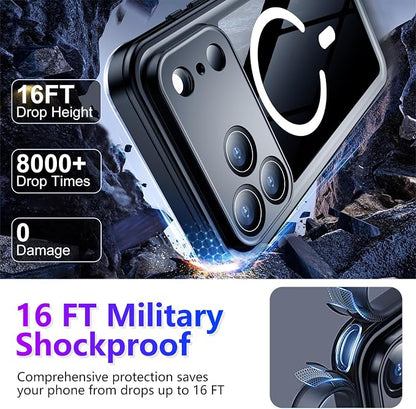 Temdan Magnetic Compatible with iPhone 17 Pro Max Case,Waterproof Built-in Screen & Camera Protector IP68 Underwater Full Body 17FT Military Dropproof Shockproof Phone Case 6.9"-Mag/Black