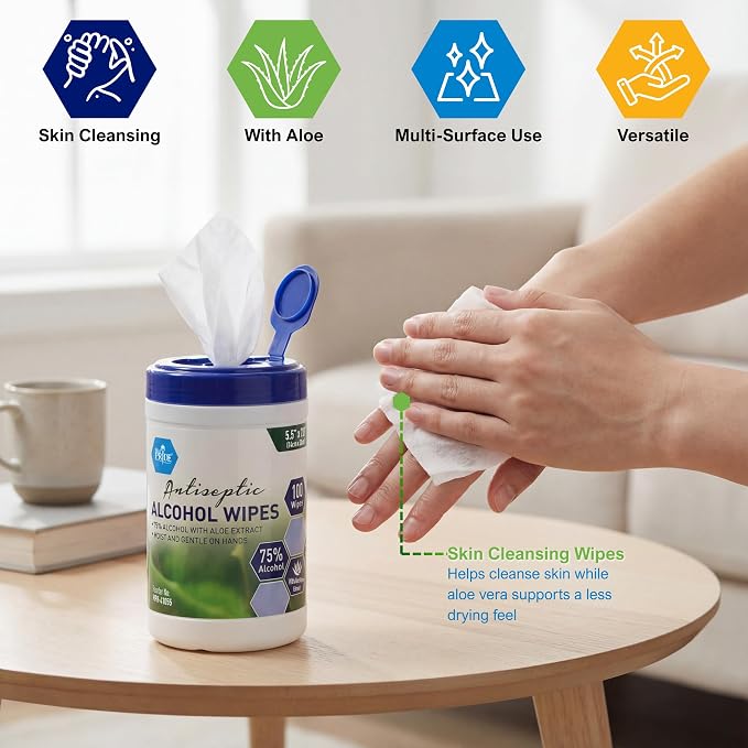 MED PRIDE Alcohol Based Disinfectant Wipes, 100 Pack, with Aloe Vera, Wipes with Alcohol for Cleaning, 5.5in X 7.8in