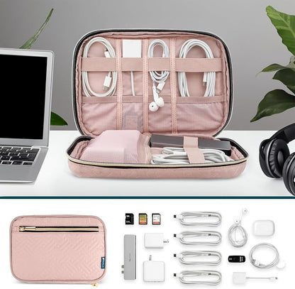 PAVILIA Travel Cord Organizer Case for Cables & Chargers, Pink Quilt | 10 x 6.8 x 1.7 in 600D water-repellent electronics bag pouch with 7 loops, 5 mesh pockets, front zip pocket and dual zippers