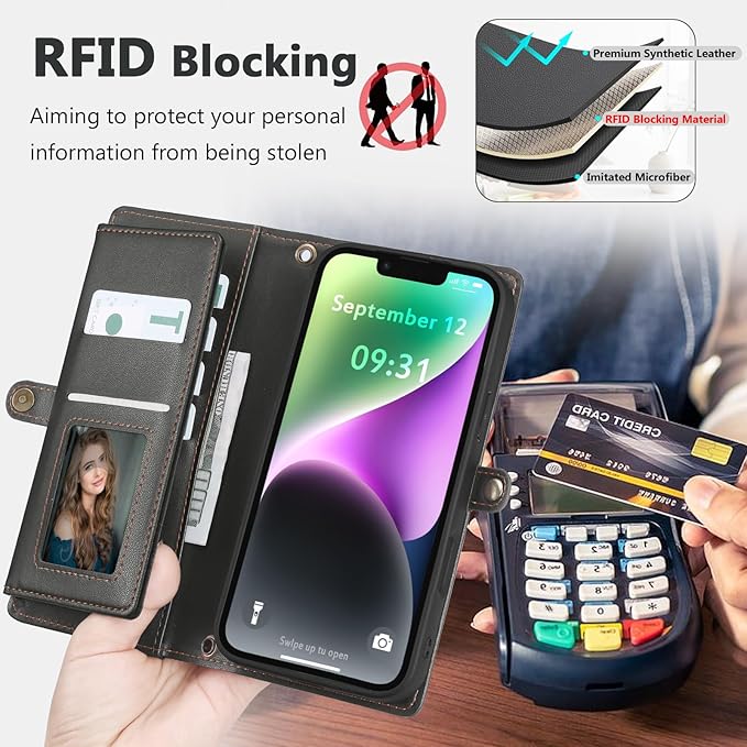 Wallet Case for iPhone 14 with Card Holder/Crossbody Wallet/Strap| RFID Blocking | Magnetic | Kickstand | Detachable | PU Leather Phone Case for iPhone 14,6.1 in,Black