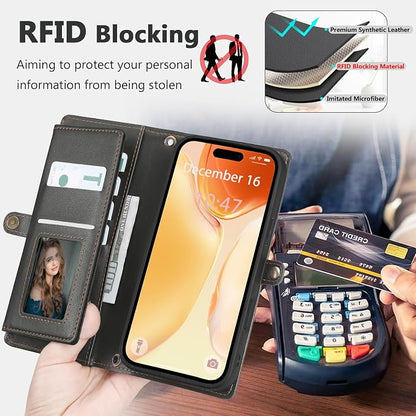 Wallet Case for iPhone 15 with Card Holder/Crossbody Wallet/Strap| RFID Blocking | Magnetic | Kickstand | Detachable | PU Leather Phone Case for iPhone 15,6.1 in,Black