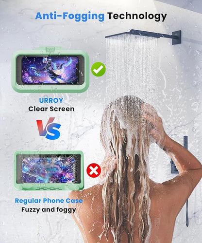 URROY Shower Phone Holder Waterproof One-Touch Open Shower Phone Case Anti-Fog & Sensitive Touchscreen Bathroom Wall Phone Mount Stand Universal Fit for iPhone & Smartphones Gift for Men Women Green