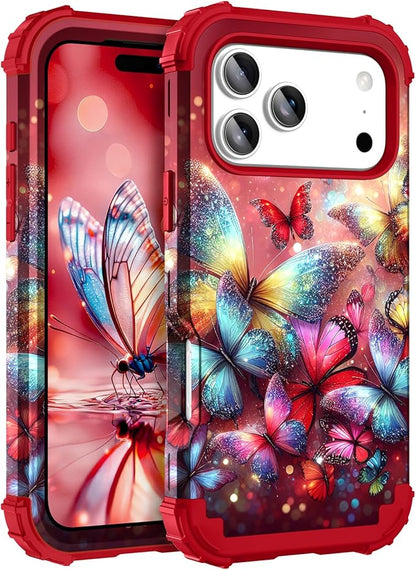 Hocase for iPhone 17 Pro Case 6.3", Heavy Duty Shockproof Protection Soft Silicone Rubber+Hard Plastic Bumpers Hybrid Protective Case for iPhone 17 Pro 2025 - Shimmering Butterflies in Red