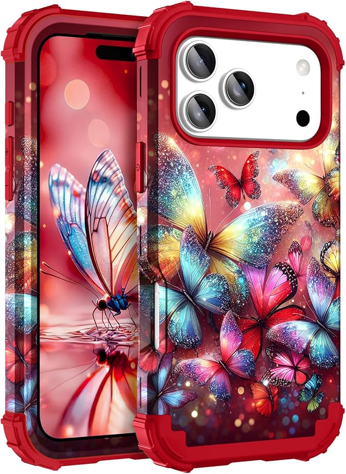 Hocase for iPhone 17 Pro Max Case, Heavy Duty Shockproof Protection Soft Silicone Rubber+Hard Plastic Bumpers Hybrid Protective Case for iPhone 17 Pro Max 2025 - Shimmering Butterflies in Red