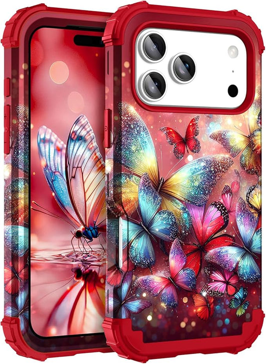 Hocase for iPhone 17 Pro Max Case, Heavy Duty Shockproof Protection Soft Silicone Rubber+Hard Plastic Bumpers Hybrid Protective Case for iPhone 17 Pro Max 2025 - Shimmering Butterflies in Red