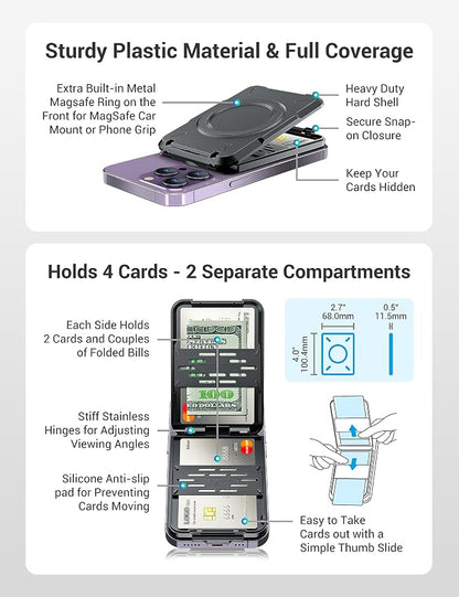 PROfezzion 2-in-1 for MagSafe Wallet Stand, RFID Blocking Magnetic Card Holder Fit 4 Cards, Heavy Duty Hardshell Wallet for iPhone 17 16 15 14 13 12 Pro Max Plus & MagSafe Case (Not for 13/12 Mini)