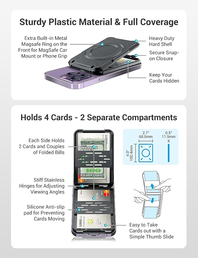 PROfezzion Double Sided Magnetic Phone Wallet, RFID Blocking Snap-on Hard Shell Card Holder 4-Cards Designed for MagSafe Compatible with iPhone 17 16 15 14 13 12 Pro Max & MagSafe Case (0.5" Thick)