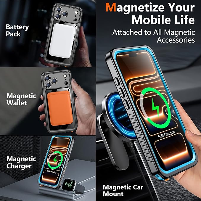 SPIDERCASE Magnetic for iPhone 17 Pro Case Waterproof,Built-in Screen & Camera Lens Protector[IP68 Waterproof] [Military Grade Shockproof] Full Body Protection Cover for iPhone 17 Pro 6.3’’,Blue