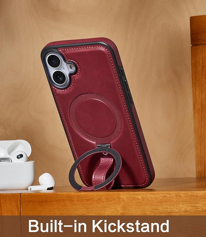 for iPhone 17 Leather Case with Stand, Anti-Slip Grip Ring, Fits for MagSafe (Burgundy, iPhone 17)