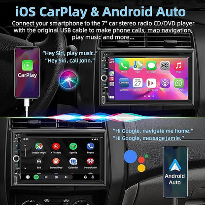Double Din Car Stereo with Carplay&Android Auto,7 Inch HD Touchscreen Car Radio Support CD DVD Player,Bluetooth,Backup Camera,Mirror Link,SWC,Subwoofer,USB/TF/AUX Input, AM/FM Car Stereo Receiver