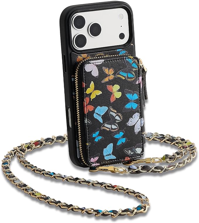 ZVE for iPhone 17 Pro Wallet Case with Card Holder, RFID Blocking Crossbody Chain Phone Cover for Women 6.3" Butterfly