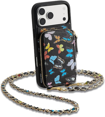 ZVE for iPhone 17 Pro Wallet Case with Card Holder, RFID Blocking Crossbody Chain Phone Cover for Women 6.3" Butterfly