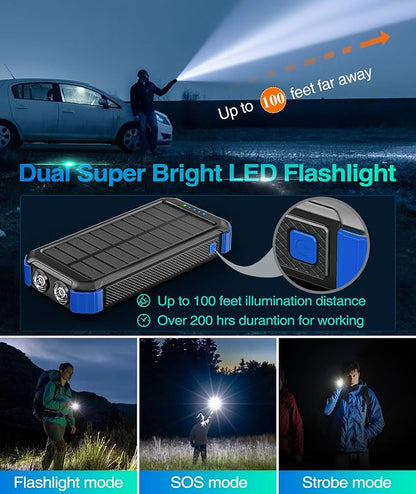 LATIMERIA 45800mAh Solar Charger Power Bank, Portable Phone Charger with 5V3.1A QC 3.0 Fast Charging, Solar Panel USB C in/Output for Cellphone, External Battery Pack with Dual Flashlights for Hiking