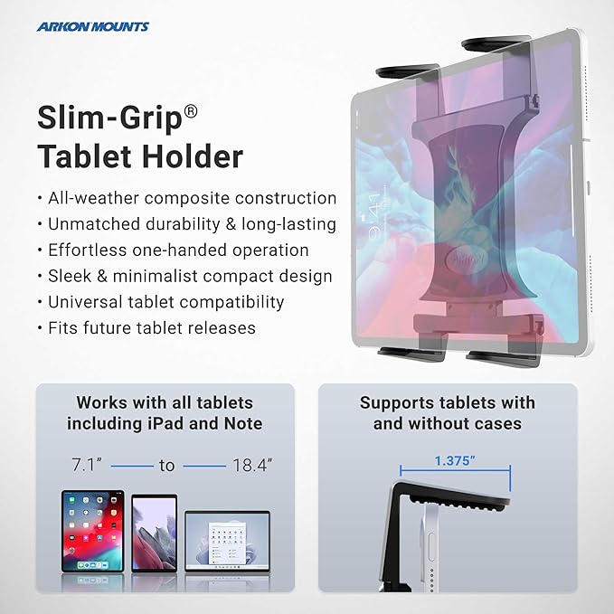 ARKON Mounts Slim-Grip Car Headrest Tablet Holder | Strong Grip Headrest Clamp with Universal Tablet Holder | Adjustable Robust Shaft | Compatible with iPad, Samsung, Pixel, and More
