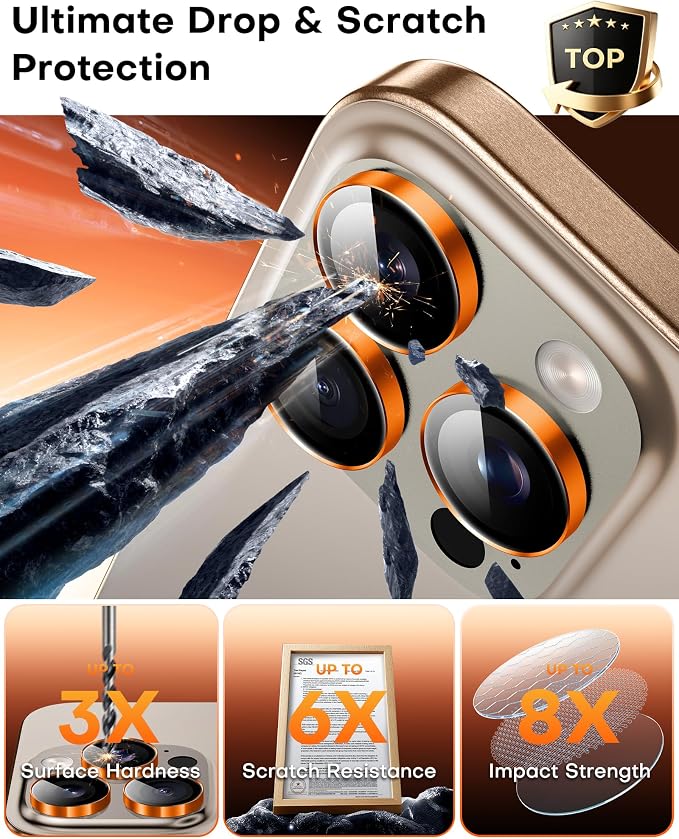 TOCOL for iPhone 16 Pro Max Camera Lens Protector/iPhone 16 Pro Camera Lens Protector Tempered Glass HD Individual Scratch Resistant Cover Accessories Case Friendly 2 Pack（Orange）