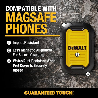 DEWALT Heavy Duty Magnetic Power Bank 5,000mAh, Rugged Wireless Portable Charger 18W Fast Charging Battery Pack, USB-C to C w/USB Adapter Cable 4' Water Resistant Works w/Magsafe iPhone 17/16/15/14