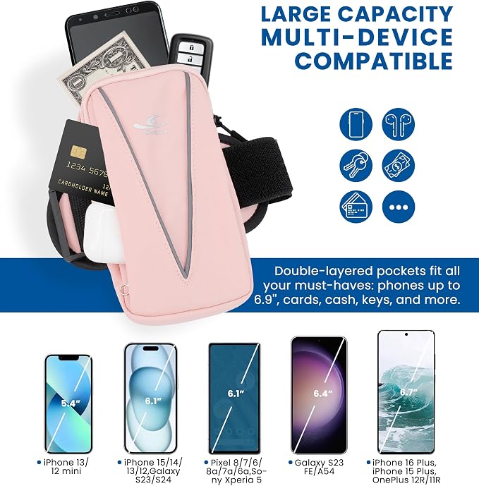 HiRui Cell Phone Holder Arm Bag & Wrist Bag for Phone, Sports Running Armband for Gym & Cycling, Compatible with iPhone 17/17Pro/Plus/16/15 Samsung Galaxy All Phones, Reflective & Adjustable (Pink)