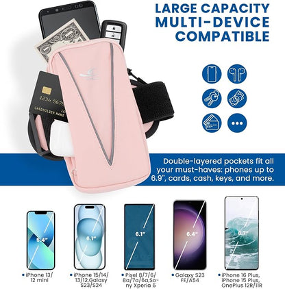 HiRui Cell Phone Holder Arm Bag & Wrist Bag for Phone, Sports Running Armband for Gym & Cycling, Compatible with iPhone 17/17Pro/Plus/16/15 Samsung Galaxy All Phones, Reflective & Adjustable (Pink)
