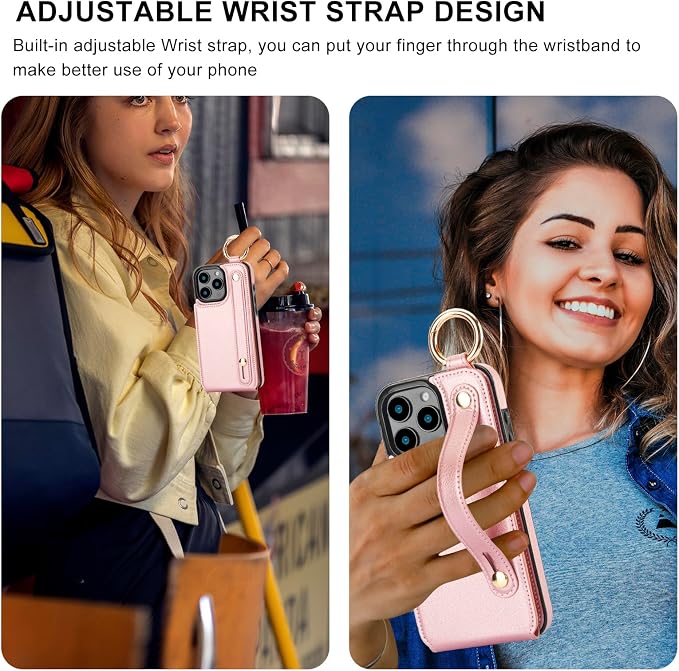 Folosu for iPhone 16 Pro Max Wallet Case with Card Holder, Hand Wrist Strap Loop Holder Kickstand, RFID Blocking Finger Grip Ring PU Leather Double Buttons Shockproof Cover 6.9" Rose Gold