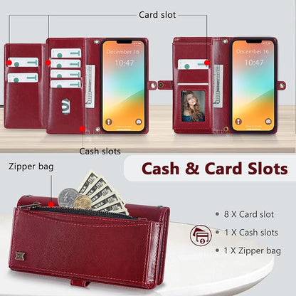 Wallet Case for iPhone 13 Pro with Card Holder/Crossbody Wallet/Strap| RFID Blocking | Magnetic | Kickstand | Detachable | PU Leather Phone Case for iPhone 13 Pro,6.1 in,Wine Red