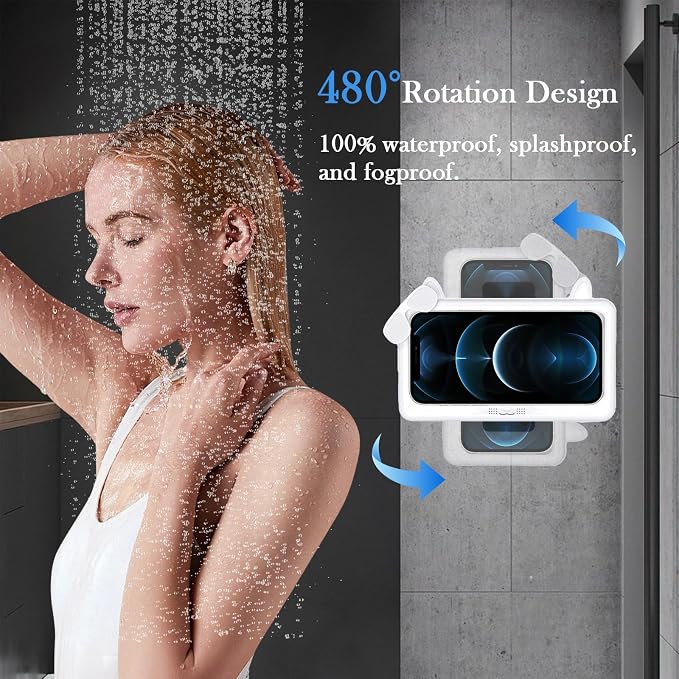 Shower Phone Holder Waterproof, Anti-Fog Touch Screen Shower Phone Case, 480 Rotation Wall Phone Mount Stand for Bathroom Batheub Kitchen Wall Mirror, Compatible with 4.7"-6.8" Phones (White)