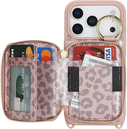 Crossbody Wallet Case for iPhone 17 Pro, PU Leather Zipper Handbag Purse Flip Cover, Kickstand Folio Case with Card Slots Holder Wrist Strap Lanyard 5G 6.3 Inch-Pink Leopard