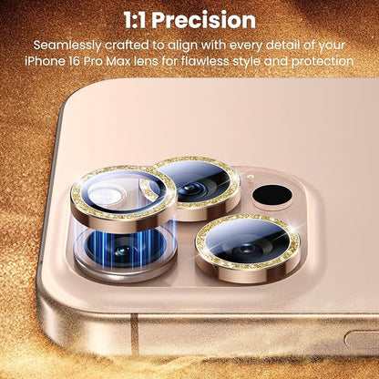 Uyiton 4 Pack Bling for iPhone 15 Pro /15 Pro Max Camera Lens Protector - Not Easy to Break Strong Adsorption Individual Metal Tempered Glass Rear Camera Screen Cover - Glitter Gold