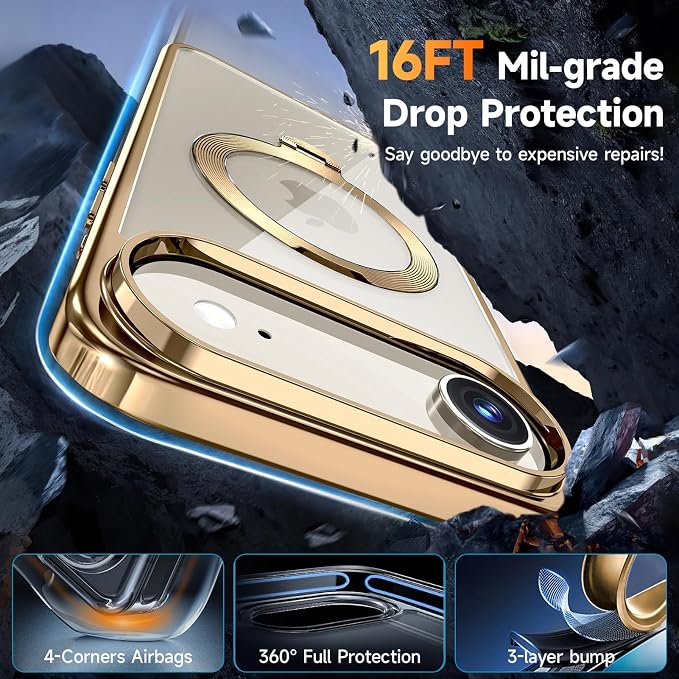 [Tri-Shield Protection] for iPhone Air Case with 360° Spin Stand Compatible with MagSafe [Magnetic CD Ring] [Screen & Camera Lens Protector] Shockproof Plating Never-Yellowing, Gold-6.5"