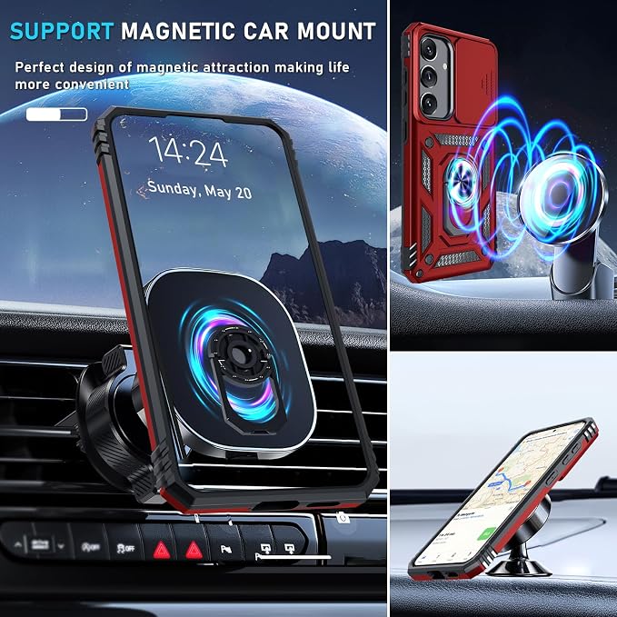 Janmitta Compatible with Samsung Galaxy S25 Plus/S24 Plus Case Built in Slide Camera Lens Cover+Screen Protector+Finger Ring Holder Kickstand,Heavy Duty Shockproof Full Body Phone Cover,Red