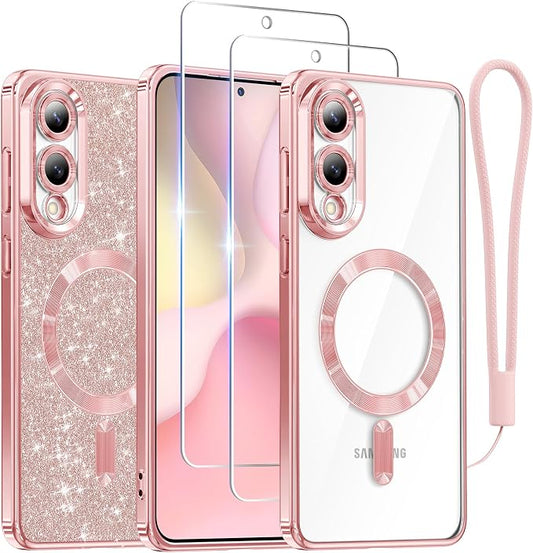 Meifigno Designed for Samsung Galaxy S25 Edge Case, [Compatible with MagSafe] [2X Screen Protectors] [Glitter Card & Wrist Strap] Surround Raised Lens Protection Slim Case for S25 Edge 6.7", Rose Gold