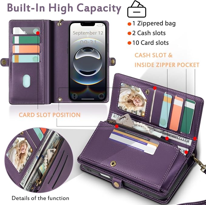 for Wallet Case Compatible with iPhone 16e / 17e ,Multi-Function Detachable 2 in 1 Magnetic iPhone 16e / 17e Case Wallet,Flip Strap Zipper Card Holder Phone Case with Shoulder Straps (Pruple)