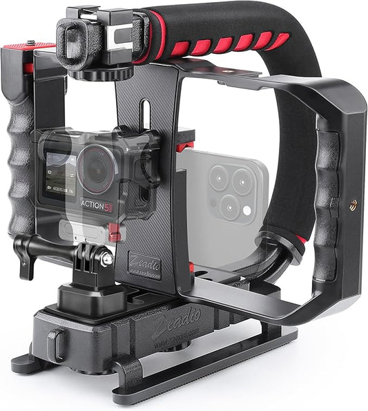 Zeadio Camera Smartphone Handheld Stabilizer, Triple Cold-Shoe Handle Grip Compatible with All Camera Action Camera DSLR Smartphone