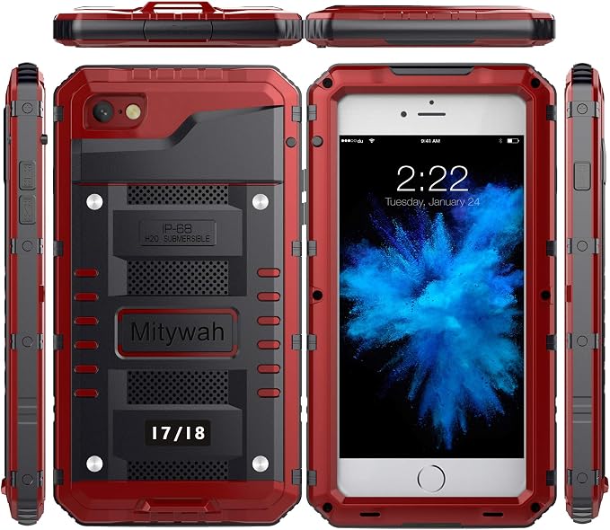 Mitywah Waterproof Case Compatible with iPhone 7 / iPhone 8 Heavy Duty Durable Metal Full Body Protective Case Built-in Screen Protection Shockproof Dustproof Rugged Military Grade Defender, Red