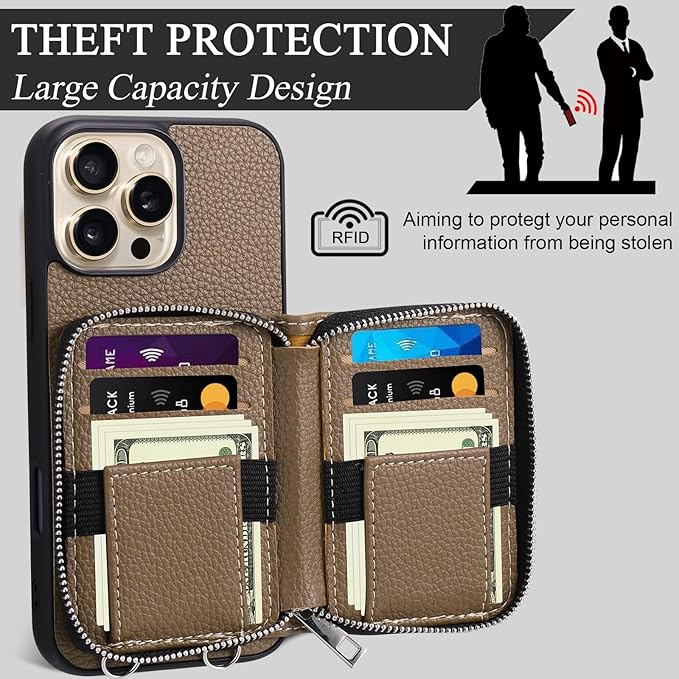 XANGNIER Wallet Case for iPhone 16 Pro, RFID Blocking PU Leather Crossbody Phone Purse with Card Holder, Zipper Pocket, Wrist Strap & Adjustable Lanyard for Women 6.3" 5G, Brown