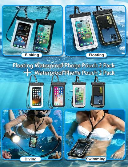 Famoby 4 Pack IP68 Waterproof Phone Pouch (2 Pack Floating and 2 Pack Sinking Waterproof Phone Pouch) Adjustable Neck Lanyard Dry Bag for Apple iPhone,Samsung,and up to 8.5" Black,White