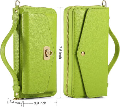 Crossbody Wallet Case for iPhone 16 6.1", Magnetic Detachable PU Leather Phone Case with RFID Blocking Card Holder Wristlet Mirror Flip Zipper Shoulder Purse Clutch for Women - Green