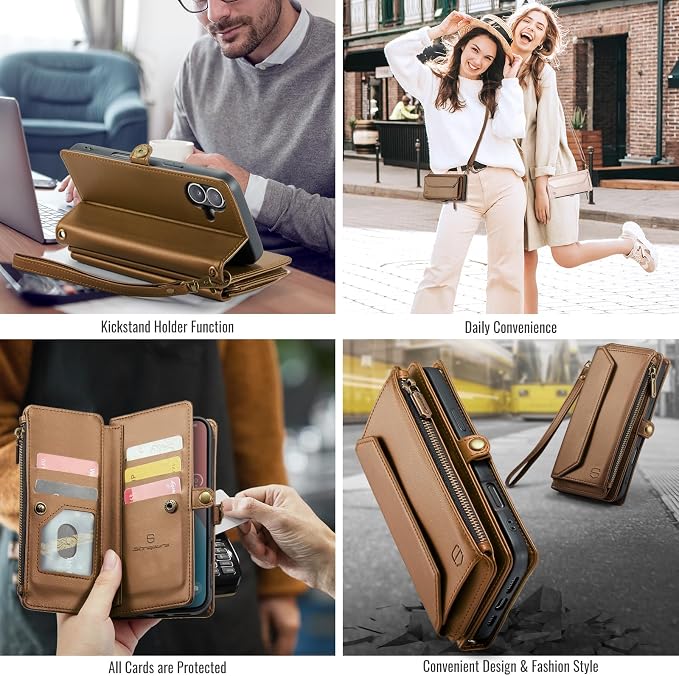Strapurs Wallet Case Compatible with iPhone 16 6.1" RFID Blocking 7-Card Holder Soft PU Leather Magnetic Snap Shoulder Strap Zipper Pocket Phone Case Fit for iPhone 16 for Women - Brown