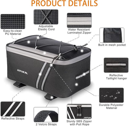 JXFUKAL Rear Bike Rack Bag with Rain Cover, 7L/9L/10L/12L Waterproof Bicycle Ebike Saddle Bag Cycling Pannier Trunk Carrier with Reflector & Adjustable Cord for Commuter Travel Outdoor