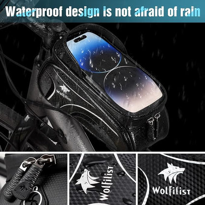 WOLFILIST Bike Bag - Waterproof Bike Frame Bag with Sun-Visor Rain Cover, Bike Phone Holder with TPU Sensitive Touch Screen, Handlebar Bag Bicycle Accessories, Large Capacity Suitable Phone Under 7"