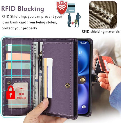 for Wallet Case Compatible with iPhone 16,Multi-Function Detachable 2 in 1 Magnetic iPhone 16 Case Wallet,Flip Strap Zipper Card Holder Phone Case with Shoulder Straps (Pruple)