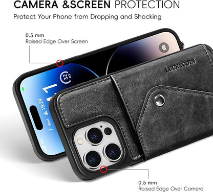 LUCKYCOIN for iPhone 14 Pro Max Crossbody Wallet Case – Genuine Leather Phone Purse with Adjustable Strap and Card Holder,Lanyard Phone Purse Case for Women,Vintage Black