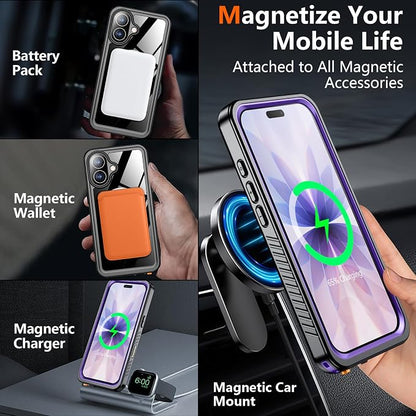 SPIDERCASE Magnetic for iPhone 17 Case- [Compatible with Magsafe] [IP68 Underwater] 15FT Military Grrade Shockproof Full Body Sealed Drop Protection with Lanyard for iPhone 17 6.3"-Purple/Clear