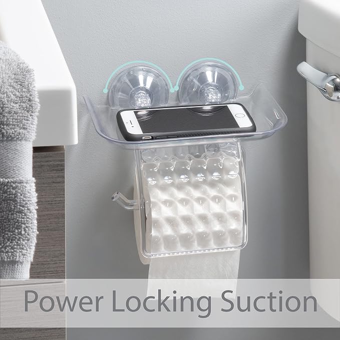 Bath Bliss Suction Cup Toilet Paper Dispenser | Power Lock Suction Mount | Phone and Wipes Holder Tray | Not Tools Required |Smooth Surfaces Only | Tile | Glass | Metal | Plastic | Bathroom | Clear