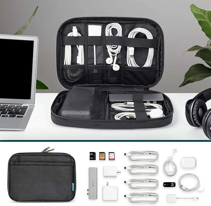 PAVILIA Travel Cord Organizer Case for Cables & Chargers, Black | 10 x 6.8 x 1.7 in 600D water-repellent electronics bag pouch with 7 loops, 5 mesh pockets, front zip pocket and dual zippers