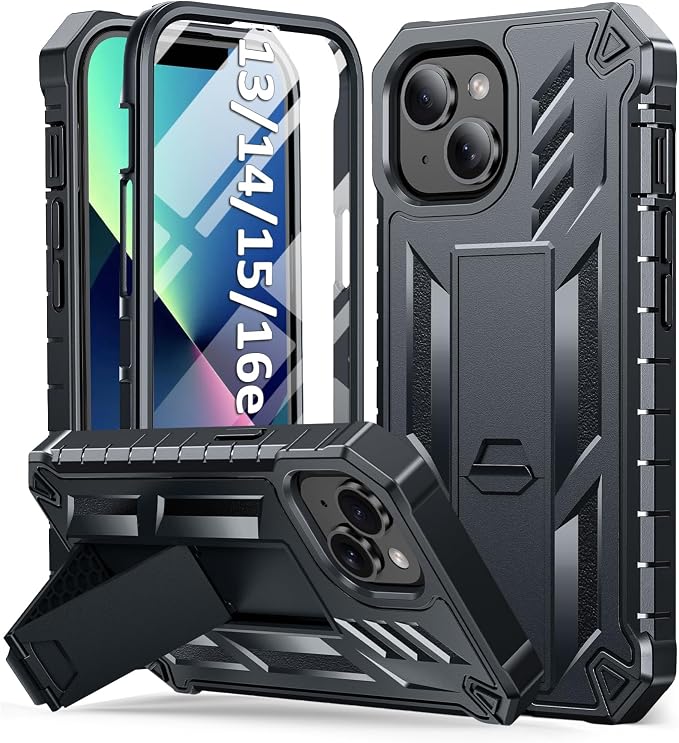 SOiOS for iPhone 13/14/15 Phone Case: for iPhone 16e Protective Cover with Built-in Kickstand | Heavy Duty Military Grade Hard Protection Shock Proof | Durable Dual-Layer Design Black